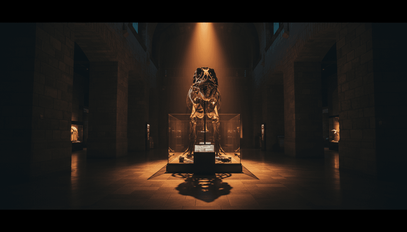 A rare fossil displayed under a warm spotlight in a dim gallery