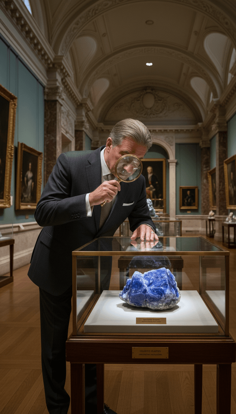 Curator examining a rare mineral specimen with a magnifying glass in a gallery