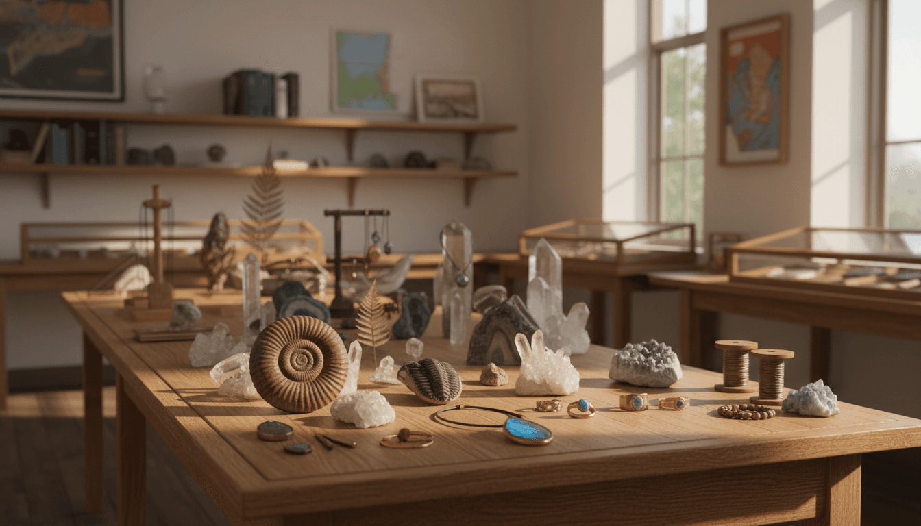 Curated fossil specimens displayed in glass cases within a refined gallery setting